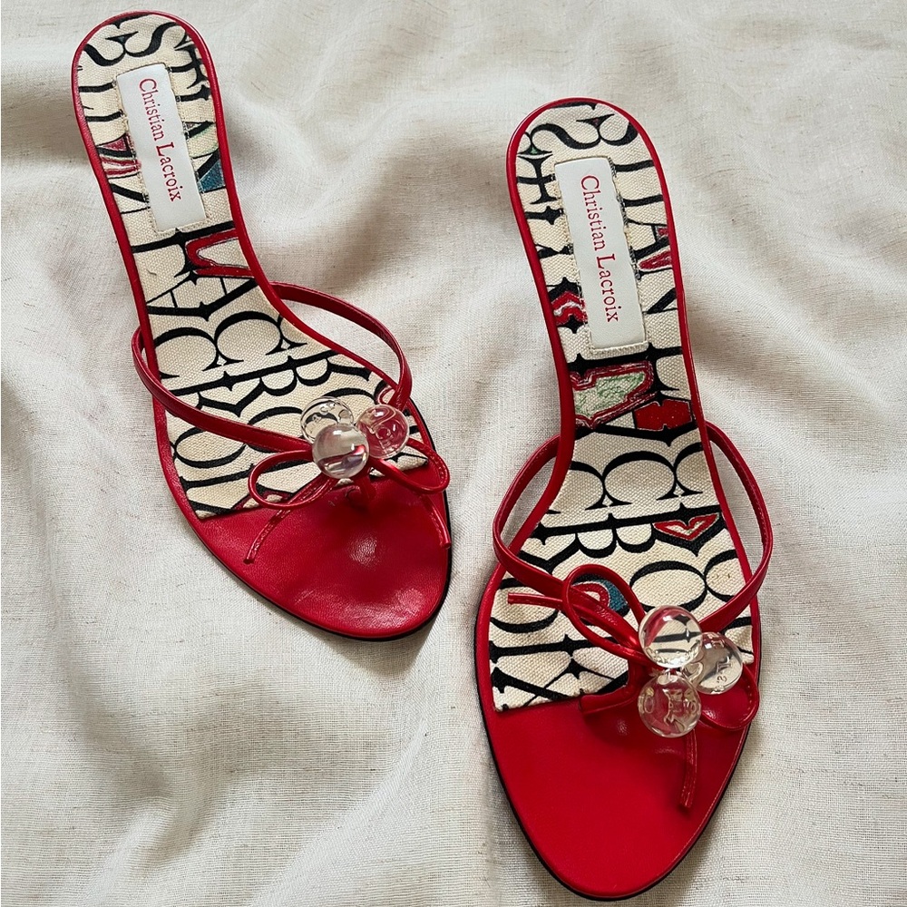 Christian Lacroix Rare Y2K Red Heeled Bobble Strappy Sandals EU 41 US 10.5